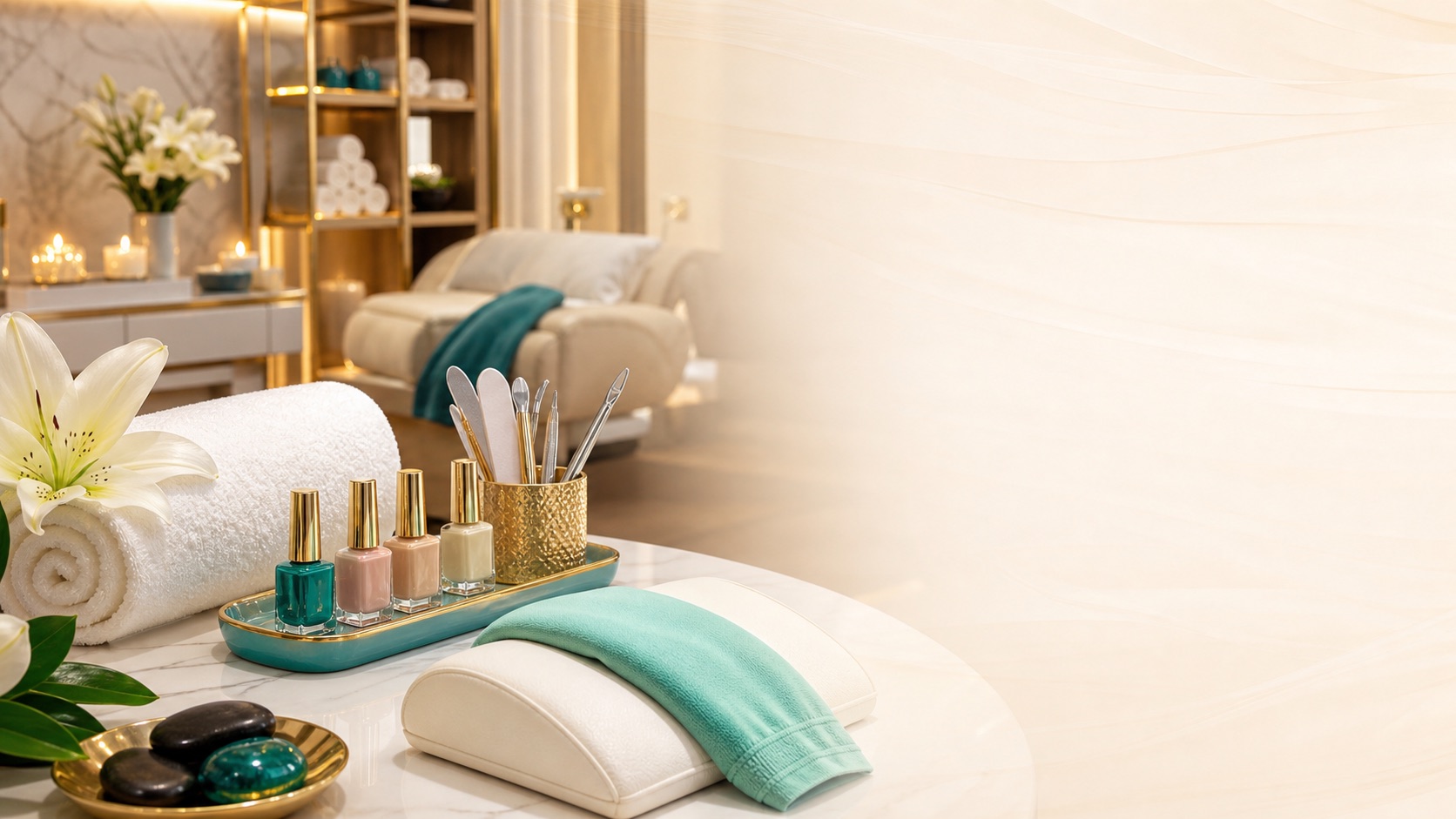 Luxury spa room with nail care, facial, and massage details